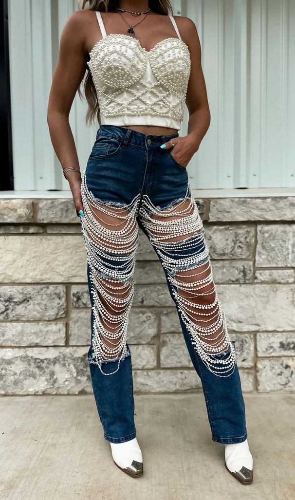 Women's Clothing Large Hole Jeans Women's Chain Bead Necklace Pendant Straight Pants_ecoleips.com