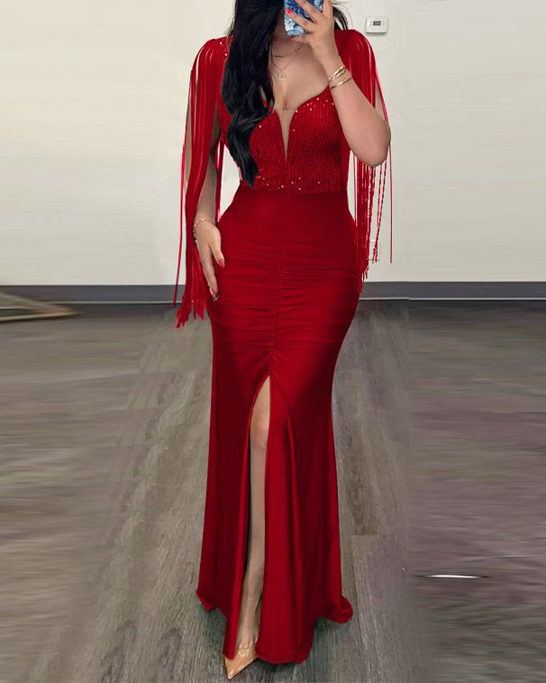 ng2510292 European And American Cross-Border Fashion Sequin Bodycon Sexy Dress Round Neck Slit Fringe Sleeves Ruched Evening Gown_ecoleips.com