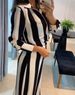 Women's Clothing autumn casual fashion black and white striped button pocket design shirt wide leg pants two piece set_ecoleips.com