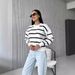 Women's Striped Knit Sweater Long Sleeve Round Neck Casual Pullover Top - Soft Breathable Polyester Blend, Loose Fit, Color Block Design_ecoleips.com