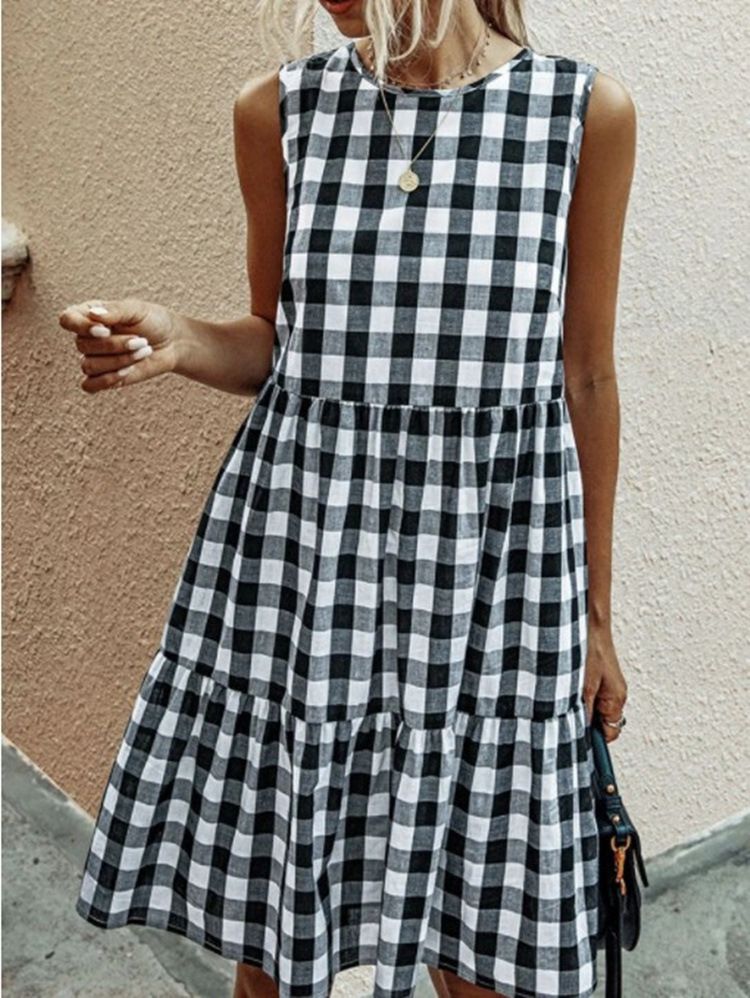 Summer Casual Pocket Checkered Sleeveless Patchwork Loose Vest Dress Fashion Dress_ecoleips.com