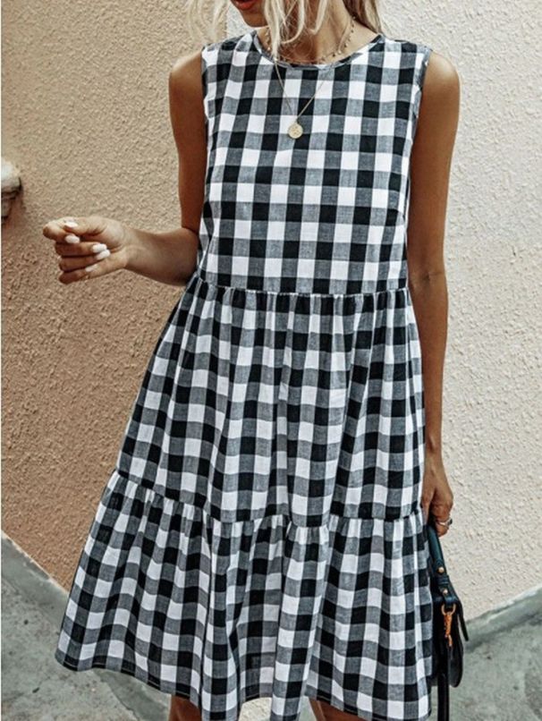 Summer Casual Pocket Checkered Sleeveless Patchwork Loose Vest Dress Fashion Dress_ecoleips.com