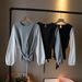 "Women's Fashion Long Sleeve Blouse With Color Block Design, Belted Waist & Puff Sleeves – Soft Cotton Round Neck Top For Casual Chic Style"_ecoleips.com