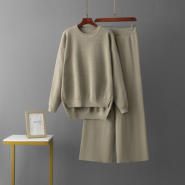 Women's Elegant Knitted Two-Piece Set Cross Border Style Loose Long Sleeve round Neck Sweater And Wide Leg Pants Solid Color Split Hem for Autumn Winter_ecoleips.com