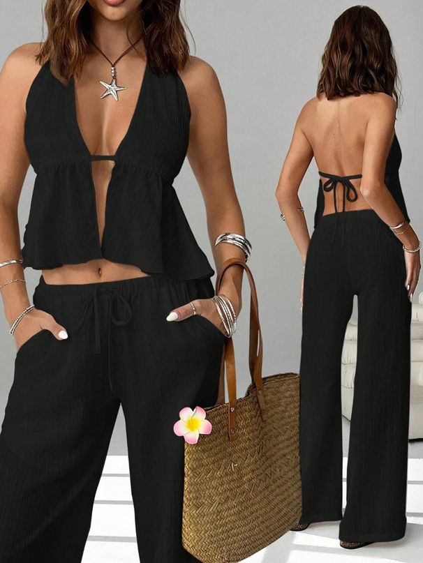 Women's Halter Neck Strap Vest Set Backless Sleeveless Spring/Summer Sexy Cross Border European American Style Clothing_ecoleips.com
