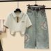 Fashion Contrast Color Polo Shirt With Embroidered Denim Skirt Set - Loose Fit Casual Outfit Breathable Cotton Blend Fabric_ecoleips.com