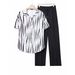 Effortless Chic: Women's Loose-Fit Striped Print Blouse With High-Waisted Pull-On Pants Set For Daily Commute_ecoleips.com