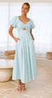Women's Solid Color V-Neck Long Puff Sleeve Slimming Dress European American Style Cross Border Fashion 2025_ecoleips.com