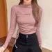 Peach Lettering Drawstring Fitted Long Sleeve T-Shirt For Women - Soft Stretch Polyester Blend, Trendy Casual Top_ecoleips.com