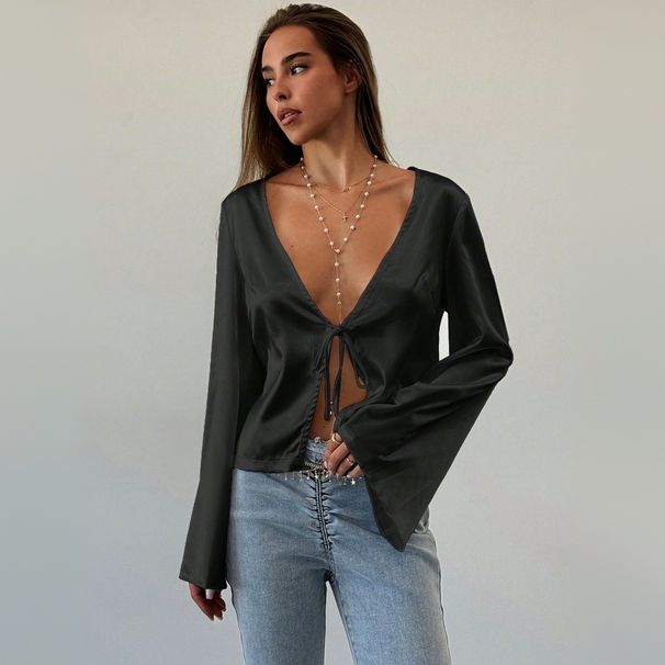 Voya Women's Sexy European And American Style Cardigan T-shirt For Spring And Summer 2026 New Item, Loose Satin Top With Straps_ecoleips.com