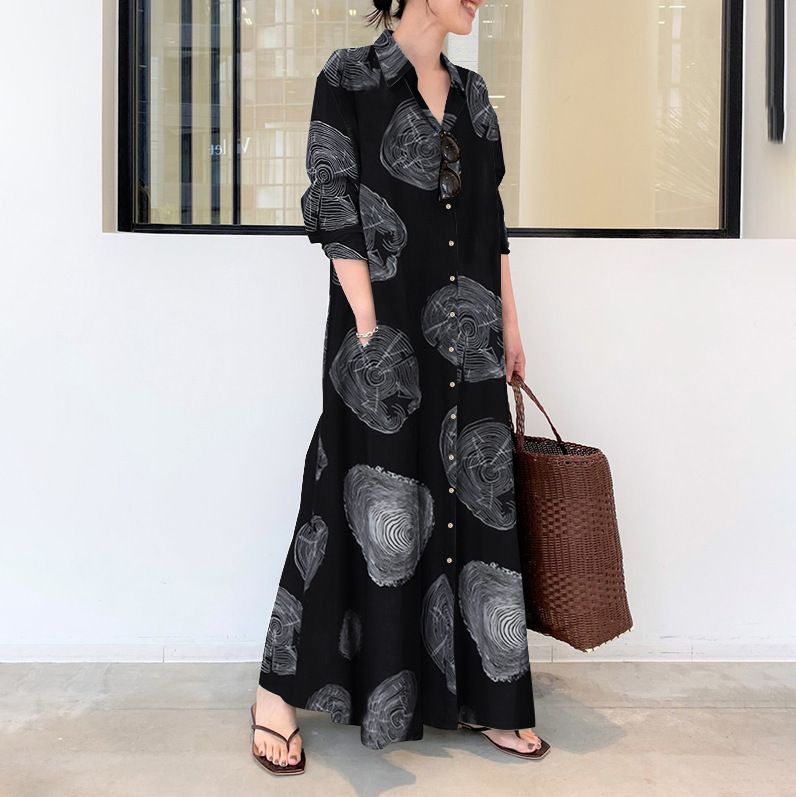 "Japanese Korean Style Oversized Shirt Dress - Cotton Linen Blend Lapel Long Sleeve Dress With Pockets, Boho Casual Loose Fit Tunic Dress_ecoleips.com
