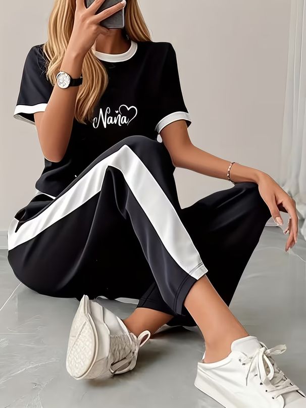 Women's Summer Fashion Letter Print Two Piece Set European American Style 8002 Print Spring/Autumn Collection_ecoleips.com