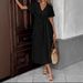 Summer Women's V Neck Dress Pure Cotton Loose Comfortable Long Solid Color New_ecoleips.com