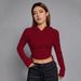 Voya Women's Instagram Trendy Versatile T-shirt Autumn And Winter Slim Fit Wine Red Short Hooded Top_ecoleips.com