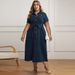 plus Size Women's Collared Short Sleeved Dress European American Style Fashion Front Open Chest Summer Spring Autumn Dress_ecoleips.com