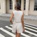 Women's Striped Single-Breasted V-Neck Sleeveless Slim Fit Vacation Set_ecoleips.com