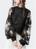 Women's Clothing Lace Puff Sleeve Transparent Round Neck Solid Color Top Shirt_ecoleips.com