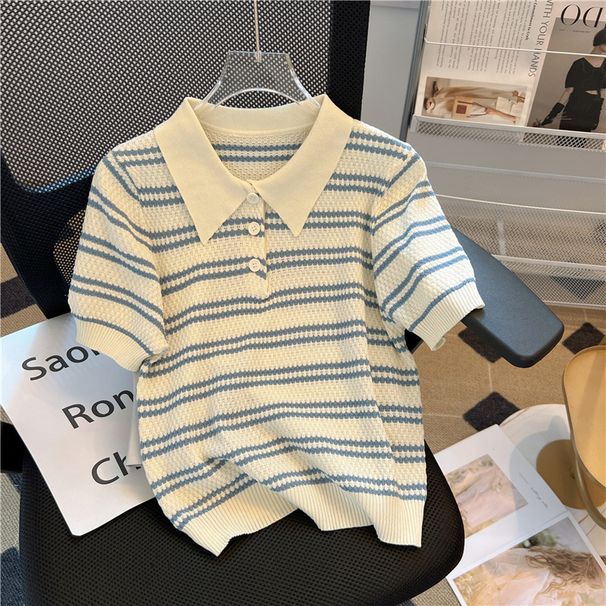 Women's Clothing Ice Silk Short Sleeved T Shirt Thin Design Niche Striped Sweater Top_ecoleips.com