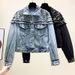 Women's Cropped Denim Jacket With Pearl & Rhinestone Embellishment, Fringe Trim, Long Sleeve Jean Coat For Party, Casual Daily Wear_ecoleips.com