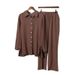 Women's 2 Piece Fashionable Office Suit Long Sleeved Lapel Shirt And Elastic Pants Set European And American Style_ecoleips.com