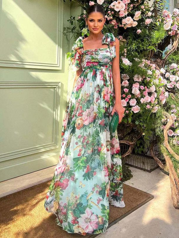 Women's Clothing Rose Print Pleated Chest Wrap Large Swing Elegant Suspender Long Skirt Female_ecoleips.com