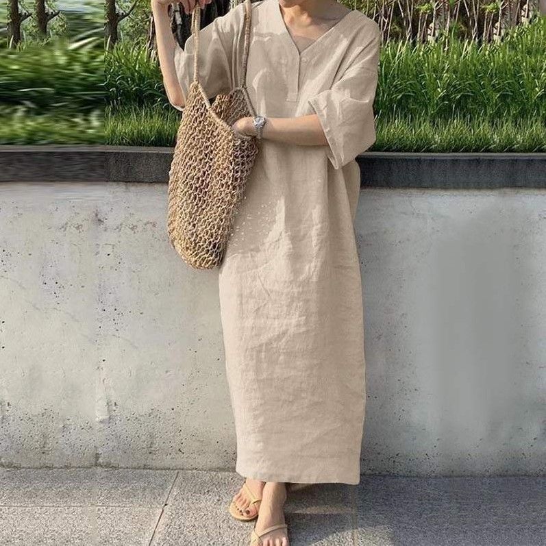 New Women's Loose Short Sleeved V-neck Solid Color Large Cotton And Linen Long Skirt_ecoleips.com