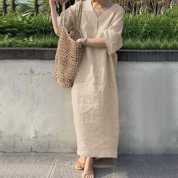 New Women's Loose Short Sleeved V-neck Solid Color Large Cotton And Linen Long Skirt_ecoleips.com