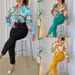 2025 Autumn New Women's Fashion Printed Stand Collar Sleeve Shirt Top With Belt Solid Color Long Pants_ecoleips.com