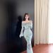 One-word Shoulder Mesh Yarn Long-sleeved Slim-fitting Hip-wrapped Fishtail Women's Dress Cheongsam Dress_ecoleips.com