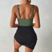 Women's Clothing One Piece Swimsuit V Neck Mesh Splicing Side Drawstring Swimsuit_ecoleips.com