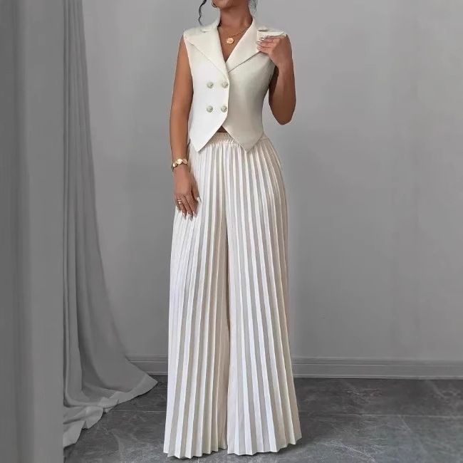 Women's New Temperament Commuter Sleeveless Pleated Wide-leg Pants Set_ecoleips.com