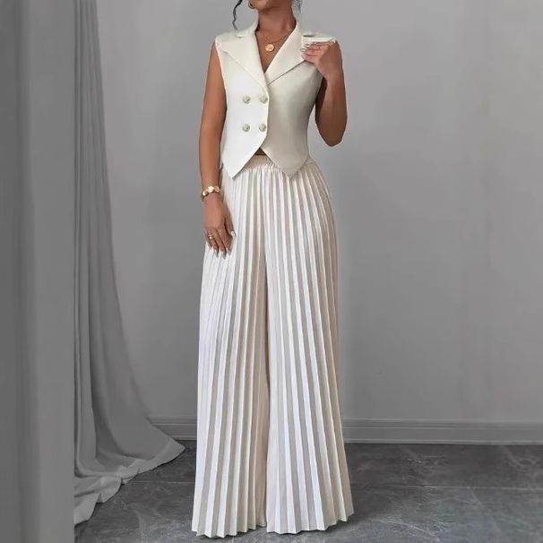 Women's New Temperament Commuter Sleeveless Pleated Wide-leg Pants Set_ecoleips.com