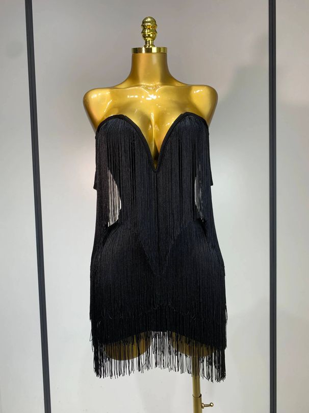 Women Sexy Strapless Tassel Off Shoulder Bandage Dress Fancy Club Celebrity Evening Party Mini Bodycon Birthday Vestido WIG8_ecoleips.com