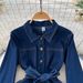 Women's Retro Style Denim Dress With Lapel Long Sleeves Tie Waist Single Breasted A-Line Knee Length Skirt_ecoleips.com