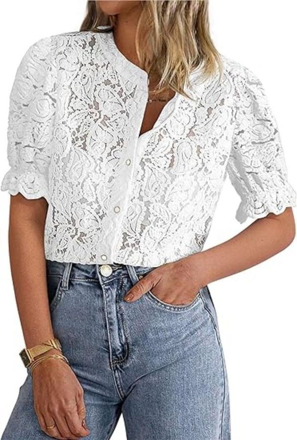 Elegant Women's Lace Blouse Fluted Sleeves Breathable Button-Up Shirt Casual Top for Women_ecoleips.com