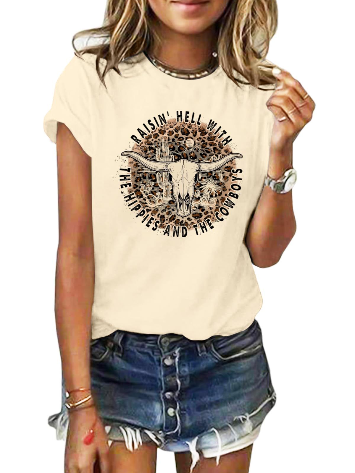 GEMLON Graphic T-Shirts For Women Loose Print Short Sleeve Tops Summer Casual Tees Shirt_ecoleips.com
