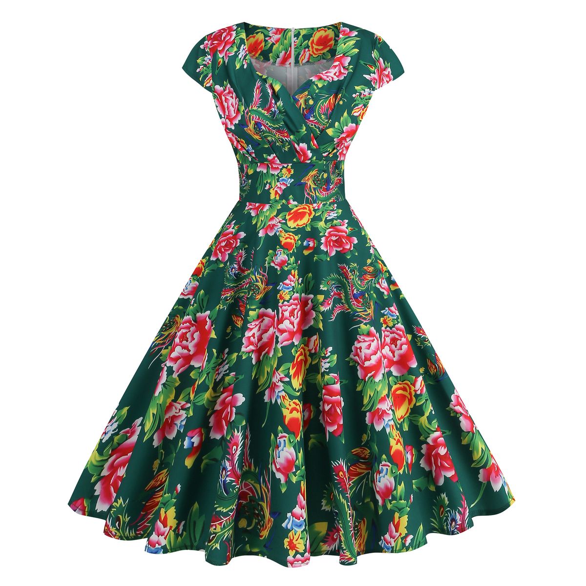 Women's Clothing Retro V Neck Maxi Dress Red Flower Print Summer Short Sleeve American Style In Stock_ecoleips.com