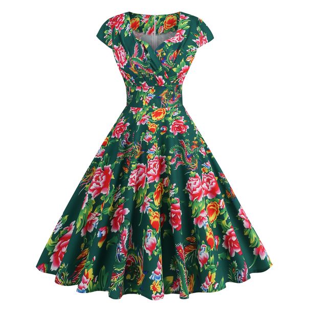 Women's Clothing Retro V Neck Maxi Dress Red Flower Print Summer Short Sleeve American Style In Stock_ecoleips.com