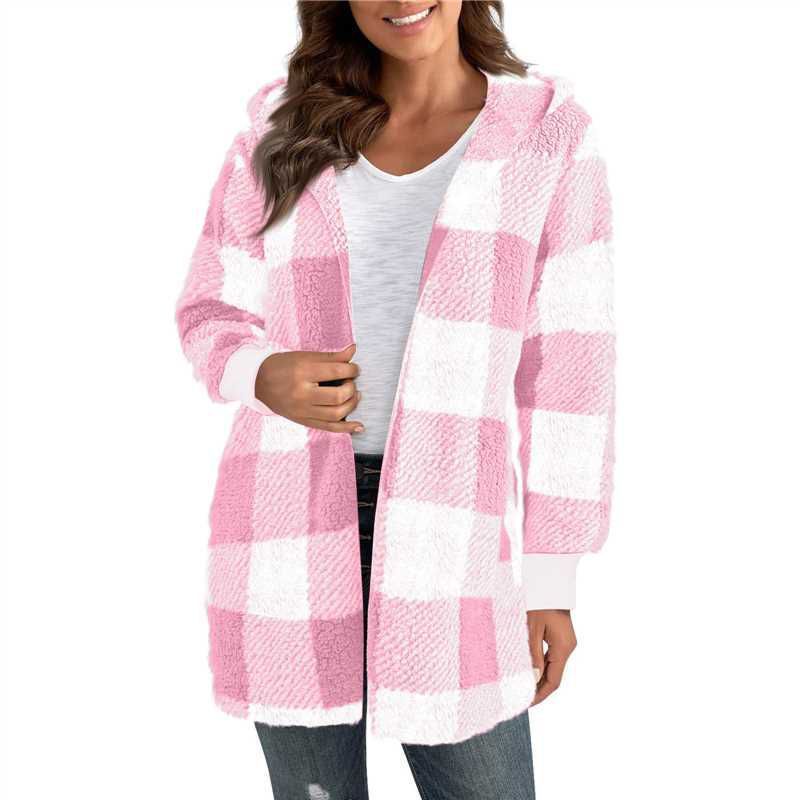 Women's Clothing Oversized Plaid Color-Block Knit Cardigan - Cozy Long Sleeve Hooded Sweater For Casual Streetwear_ecoleips.com