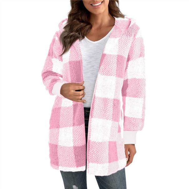 Women's Clothing Oversized Plaid Color-Block Knit Cardigan - Cozy Long Sleeve Hooded Sweater For Casual Streetwear_ecoleips.com