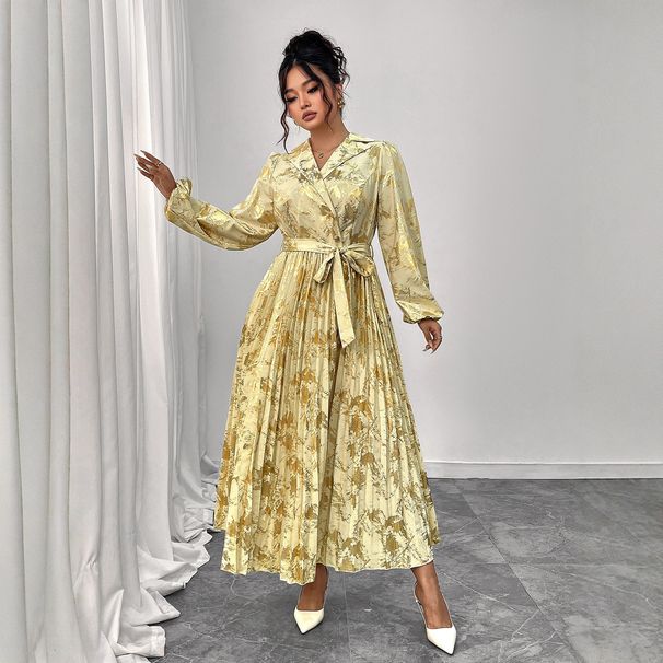 Women's Clothing Plus Size Clothes Elegant V-Neck Floral Tie-Waist Dress – Audrey Hepburn Inspired Long Sleeve Retro Dress_ecoleips.com