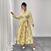 Women's Clothing Plus Size Clothes Elegant V-Neck Floral Tie-Waist Dress – Audrey Hepburn Inspired Long Sleeve Retro Dress_ecoleips.com