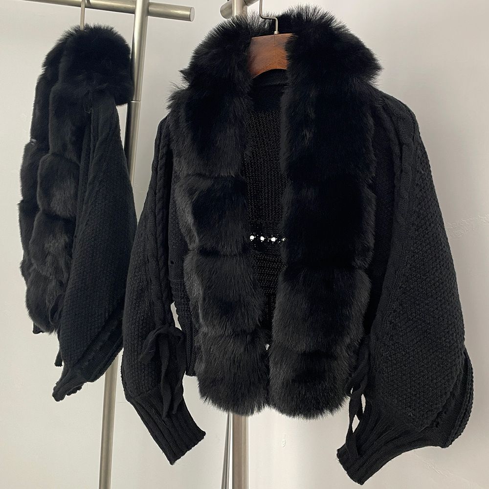 Women's Clothing Autumn And Winter New High Quality Imitation Fox Fur Collar Temperament Lady Knitted Cardigan Coat Splicing Sweater Women_ecoleips.com