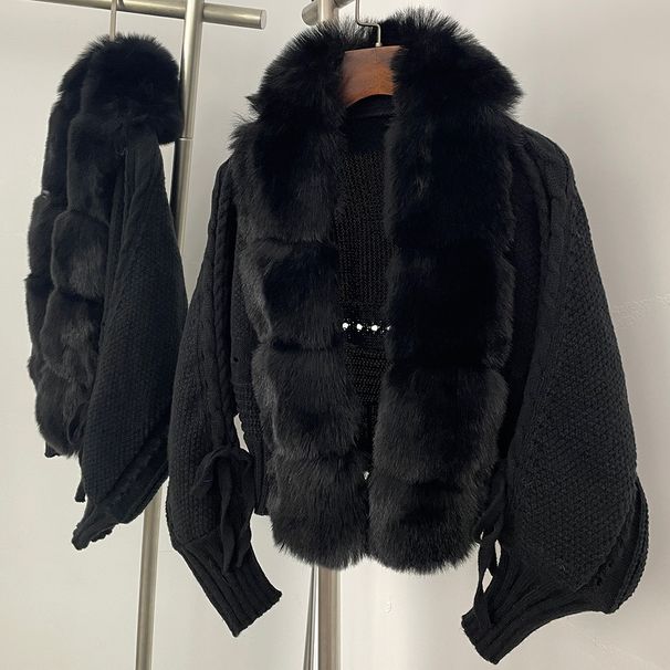 Women's Clothing Autumn And Winter New High Quality Imitation Fox Fur Collar Temperament Lady Knitted Cardigan Coat Splicing Sweater Women_ecoleips.com