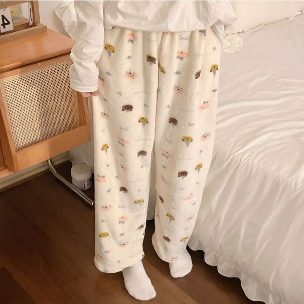 Bear Pajamas Pants Women Shoujo Kawaii PJ Pants Warm Fluffy Christmas Pyjamas Korean Flannel Beige Sleepwear Girl Cute Trousers_ecoleips.com