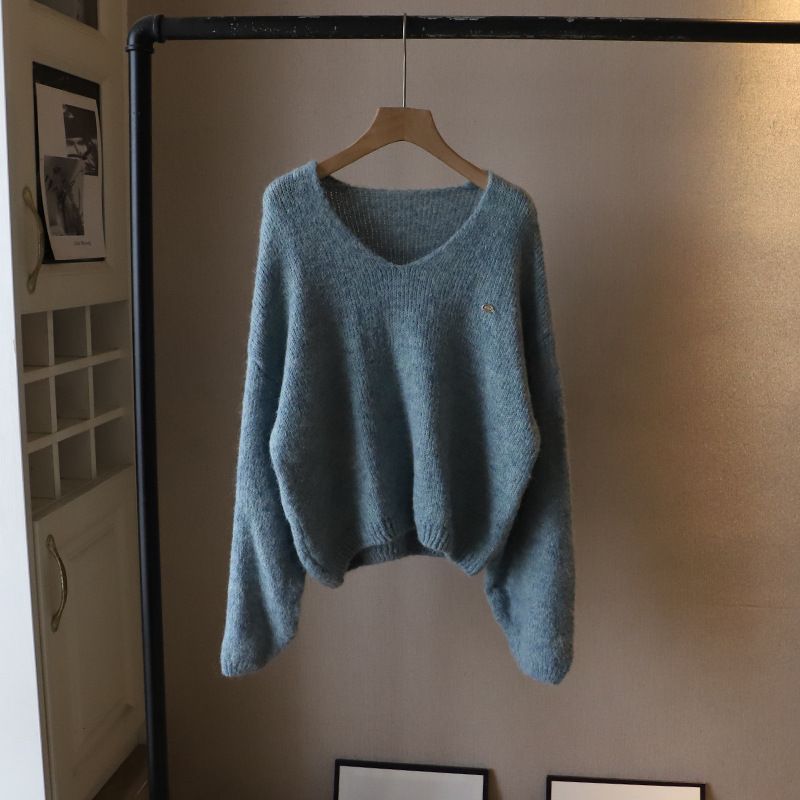 Korean Style Oversized V-Neck Knit Sweater Women's Loose Fit Long Sleeve Pullover - Soft Thick Winter Casual Chunky Knit Top (Multiple Colors)_ecoleips.com