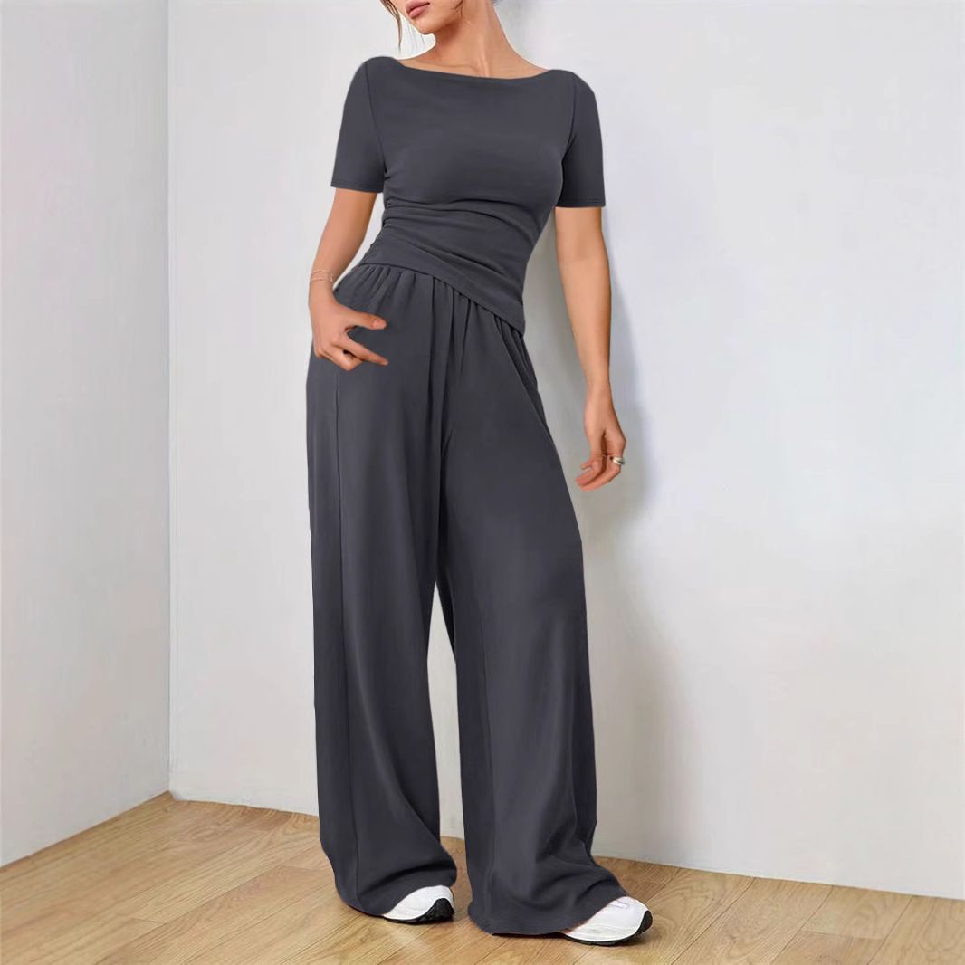 Women's Clothing Loose Fitting Wide Leg Pants For Women Two Piece Suit Soft And Sticky Style Suit Fashionable Irregular Short Sleeves_ecoleips.com