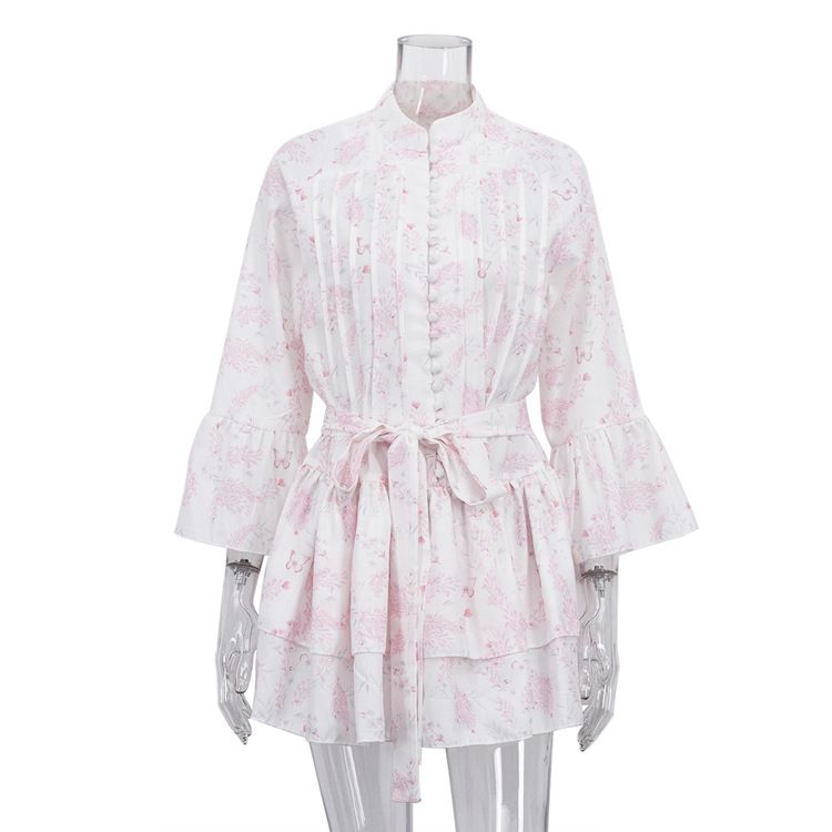Women's French Style Short Dress Elegant Printed Small Stand Collar Flared Sleeves Single Breasted Tie Waist A-Line Skirt_ecoleips.com