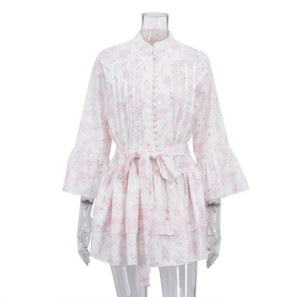 Women's French Style Short Dress Elegant Printed Small Stand Collar Flared Sleeves Single Breasted Tie Waist A-Line Skirt_ecoleips.com