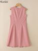 ZANZEA Womens Elegant Pleated Hem Mini Dresses Fashion O-Neck Sleeveless Fitted Waist Robes Femme OL Commuting Solid Vestidos_ecoleips.com